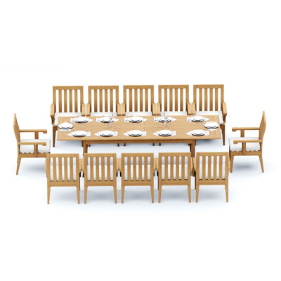 12 Seats 13 Pcs Grade-A Teak Wood Dining Set: 118" Double Extension Rectangle Table And 12 Caranas Arm Chairs #11Ca2412