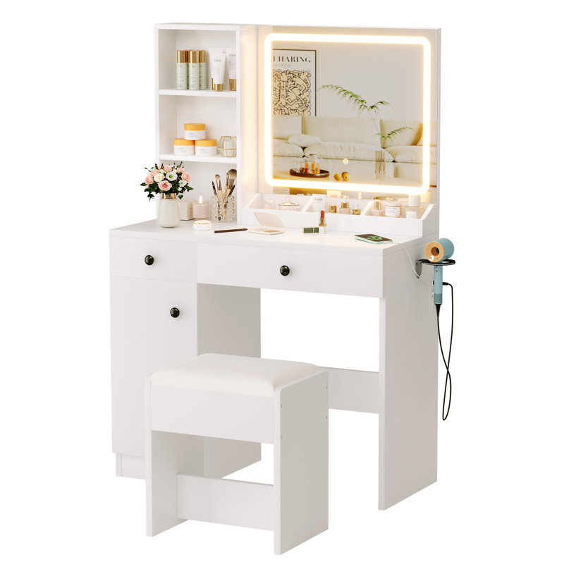 Bureau de maquillage pour coiffeuse avec miroir, fauteuil, 2 tiroirs, 3 ampoules à modes de couleur réglables