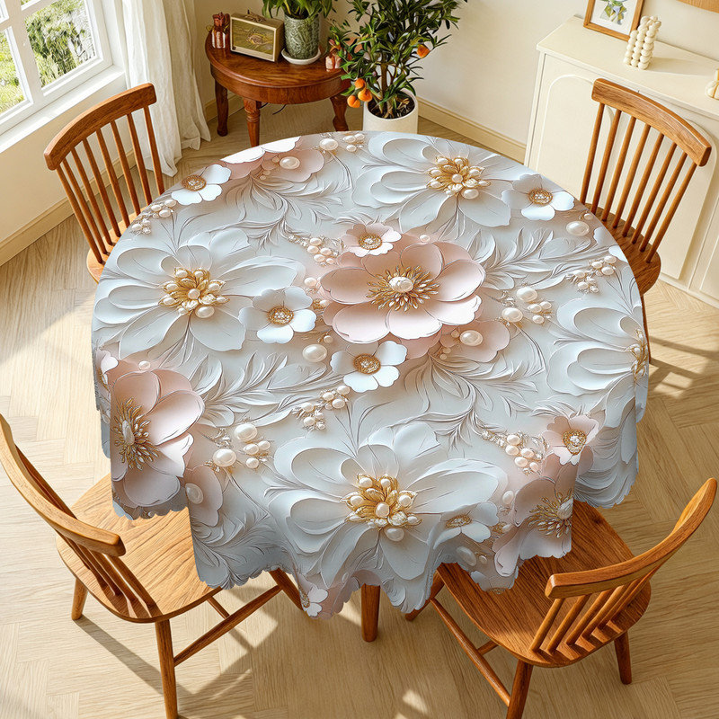 Gray Floral Waterdrop Pattern Design Machine Washable Polyester Tablecloth