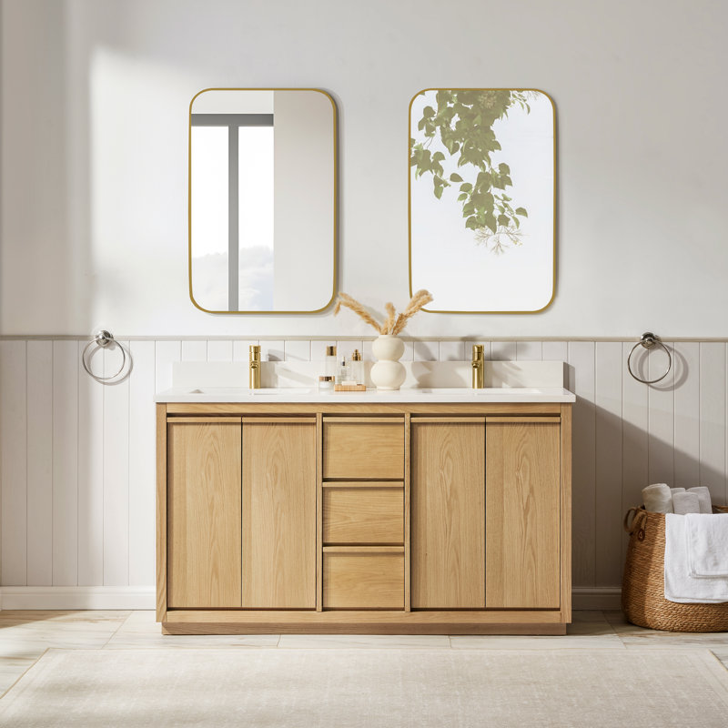 Clairence 60 In. Double Sinks Freestanding Bath Vanity In Light Oak With Carrara Quartz Top