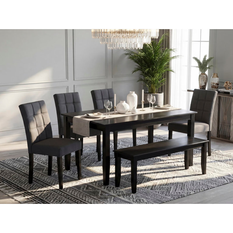6 Piece Dinner Table Set contain A Kitchen Table and a Dining Bench 4 Dark Gray Polyester Fabric Person Chairs with Stylish Back- Black Finish