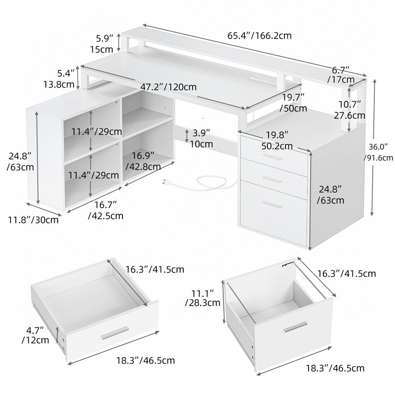 Table d'ordinateur en bois Brandessa avec 4 tablettes et 3 tiroirs classeurs, Blanc