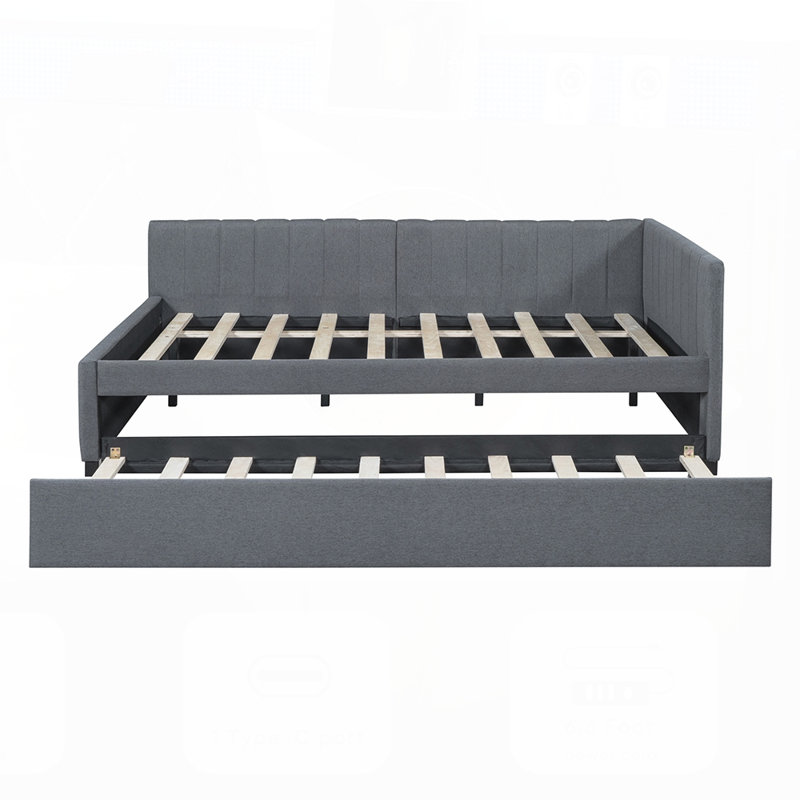 Upholstered Daybed with Trundle, Linen Fabric Sofa Bed Frame, No Box Spring Needed, Space-Saving and Durable, Gray