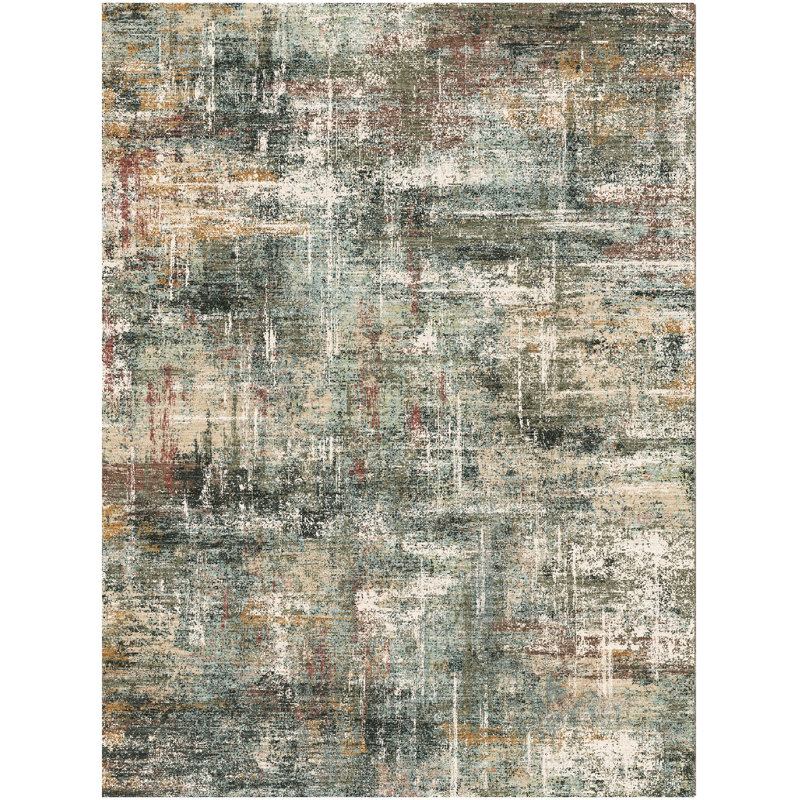 8'X10' Neutral Modern Washable Abstract Area Rug Green, Rectangle 8' x 10'