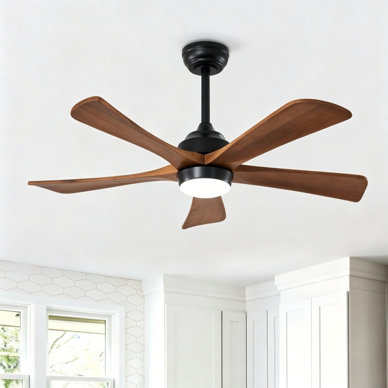 Ventilateur de plafond moderne à 5 pales de 42 po avec lumière, Noir mat, 42 po de largeur, Bois naturel