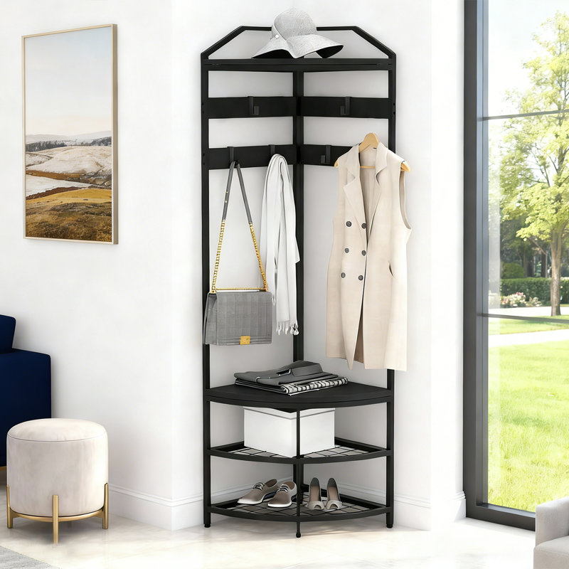 4-in-1 Metal Corner Hall Tree Organizer – Freestanding Entryway Rack with 4 Mesh Shelves, 12 Movable Hooks & Shoe Shelf – Space-Saving Storage for Bedroom, Living Room, Office