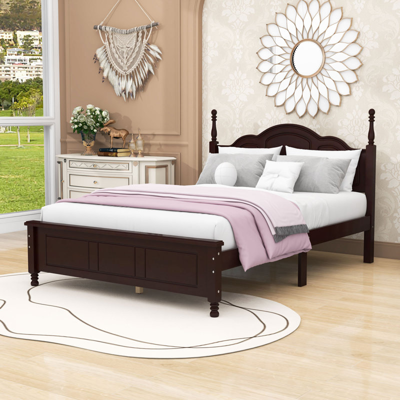 Vintage-Inspired Wooden Platform Bed with Unique Headboard, Full / Double, Dark Walnut
