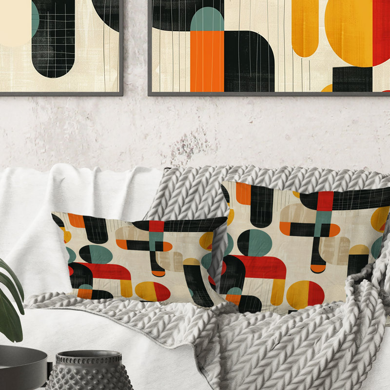 Coussin orange et vert Mid-Century Geomtric Shapes, H 18 po x l 18 po