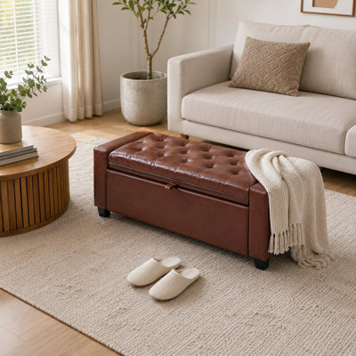 Leather Brown 43.31-Inch Tufted Storage Ottoman Bench, Supports 350 lb, Upholstered Bedroom Bench for End of Bed, Living Room, or Entryway
