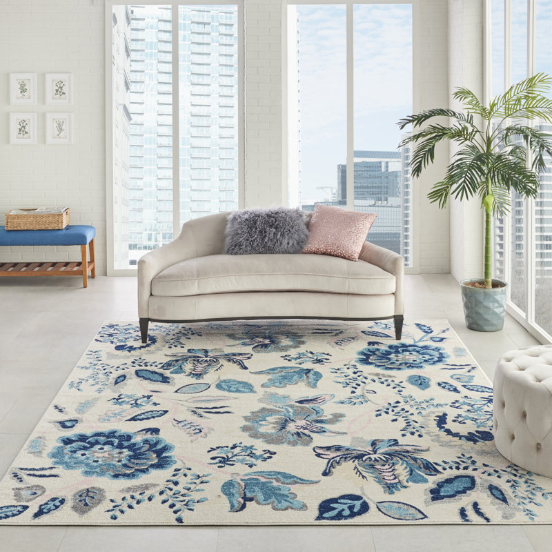Tapis floral en polypropylène tissé à la machine ivoire / bleu, Rectangle 8 pi x 10 pi