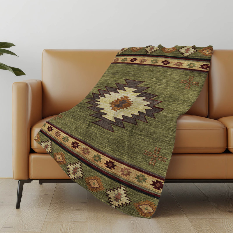 Addison Machine Washable Sherpa Aztec Throw Blanket, Green