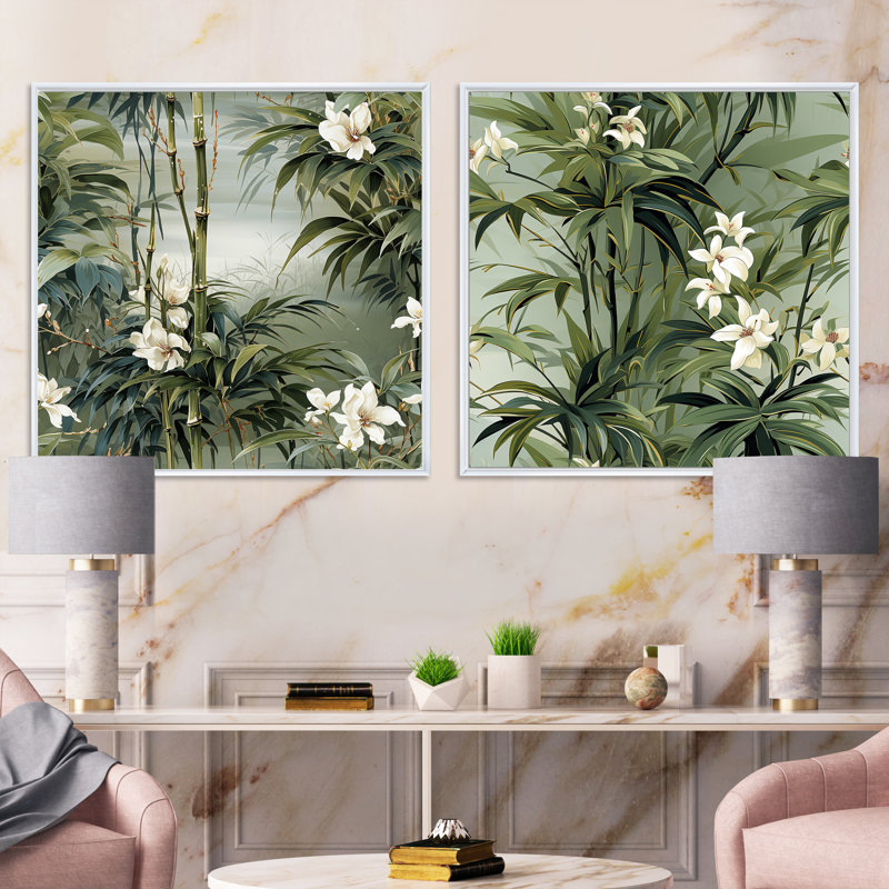 Genica - Ensemble de 2 collages carrés tropicaux, Cadre flottant blanc, H 36 po x l 73 po