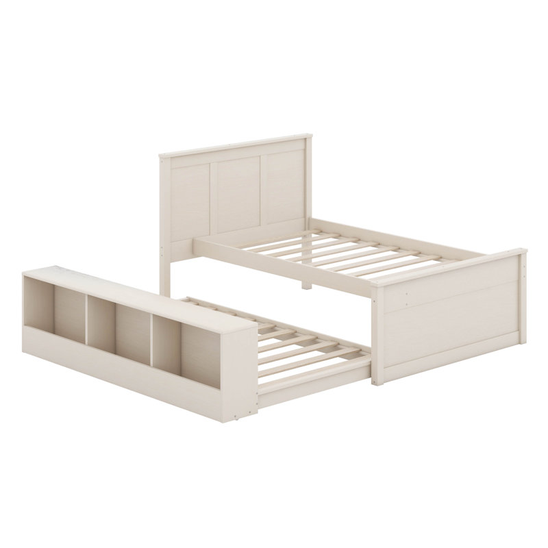 Lit plateforme en bois avec lit gigogne escamotable, cadre de lit avec espace de rangement ouvert latéral intégré, Lit simple