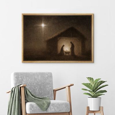 Holy Nativity Scene with Starry Night Stable Silhouette Framed Canvas Master Bedroom Wall Art Work Print
