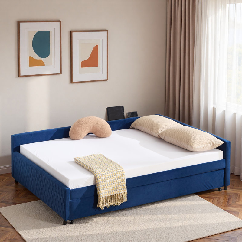 Upholstered Daybed With Trundle And Usb, Navy