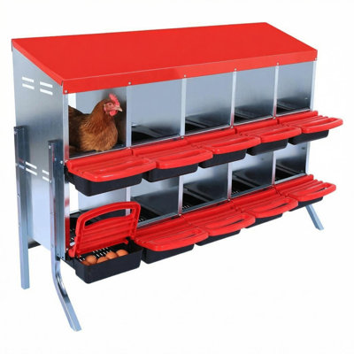 10-Compartiment Rolling Egg Nest Box, Galvanized Outdoor Hen House with Collection Trays & Stand