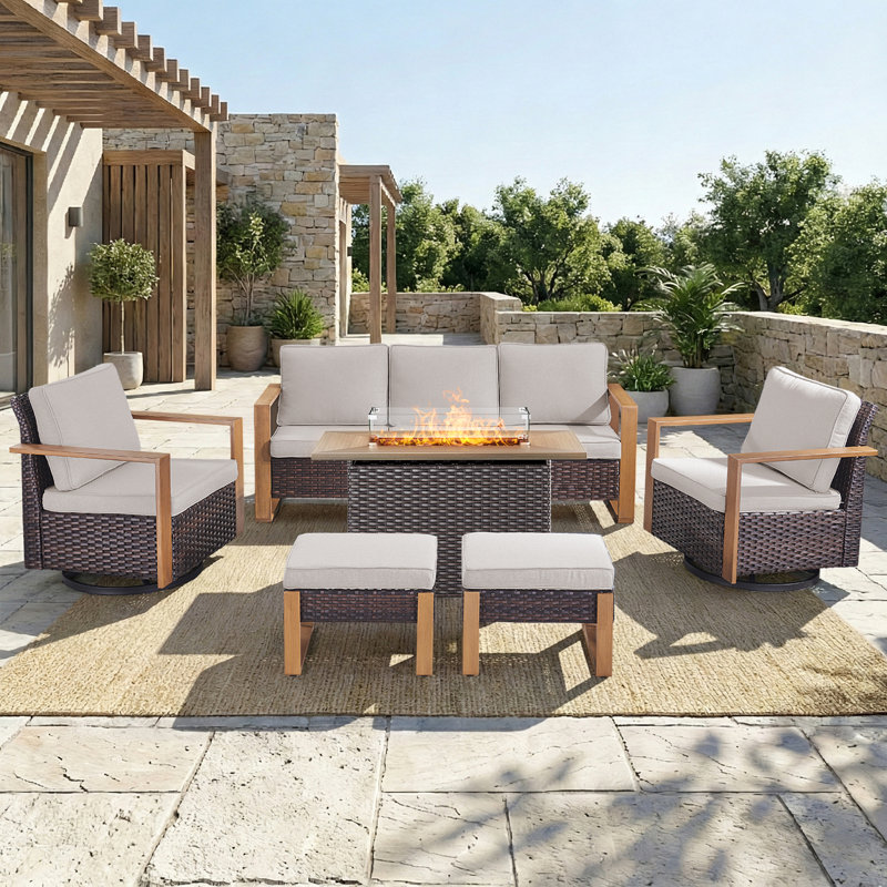 6-Piece Outdoor Rattan Modern Garden Fire Pit Set With Sofa, Swivel Chairs And Ottomans, Beige, Brown
