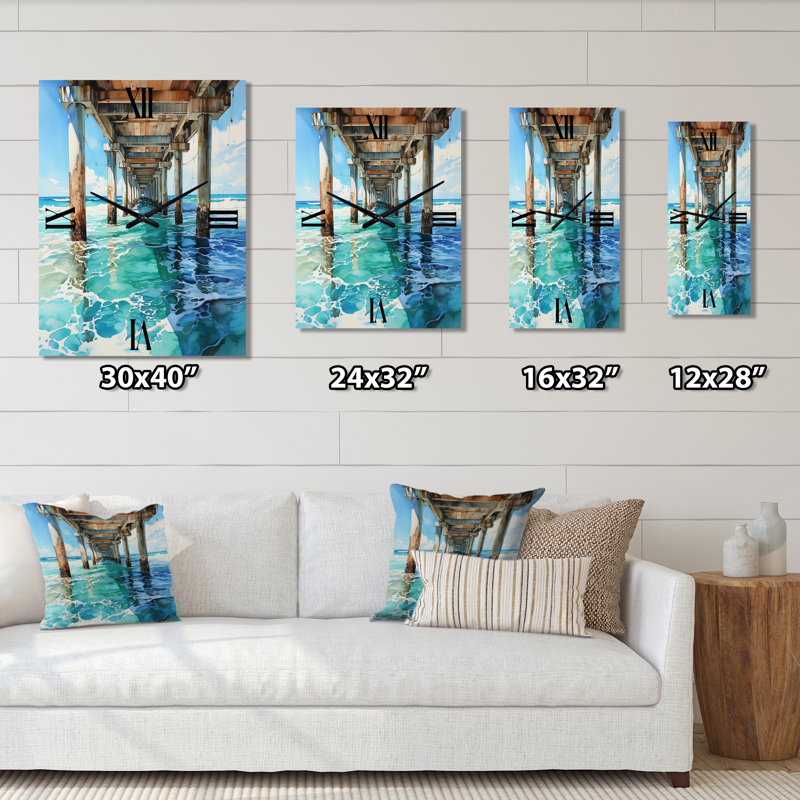 Beach Photo Pier Reflections VII - Horloge murale nautique et plage, H 28 po x l 12 po x P 1 po