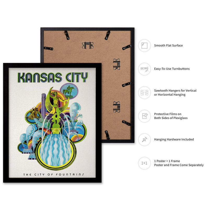 Fontaines de Kansas City, H 12 po x l 16 po, Affiche, Cadre noir