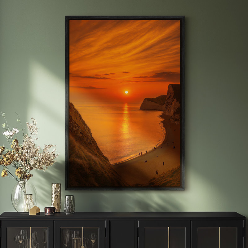 Art mural sur toile encadrée, "Orange Sunset Sea View", impression murale pour chambre à coucher - 24 po x 36 po, Black
