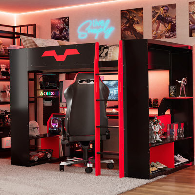 Full Size Wood Loft Bed With Power Outlet & USB/Type-C Ports, Integrated Cable Management, And RGB Light, Red
