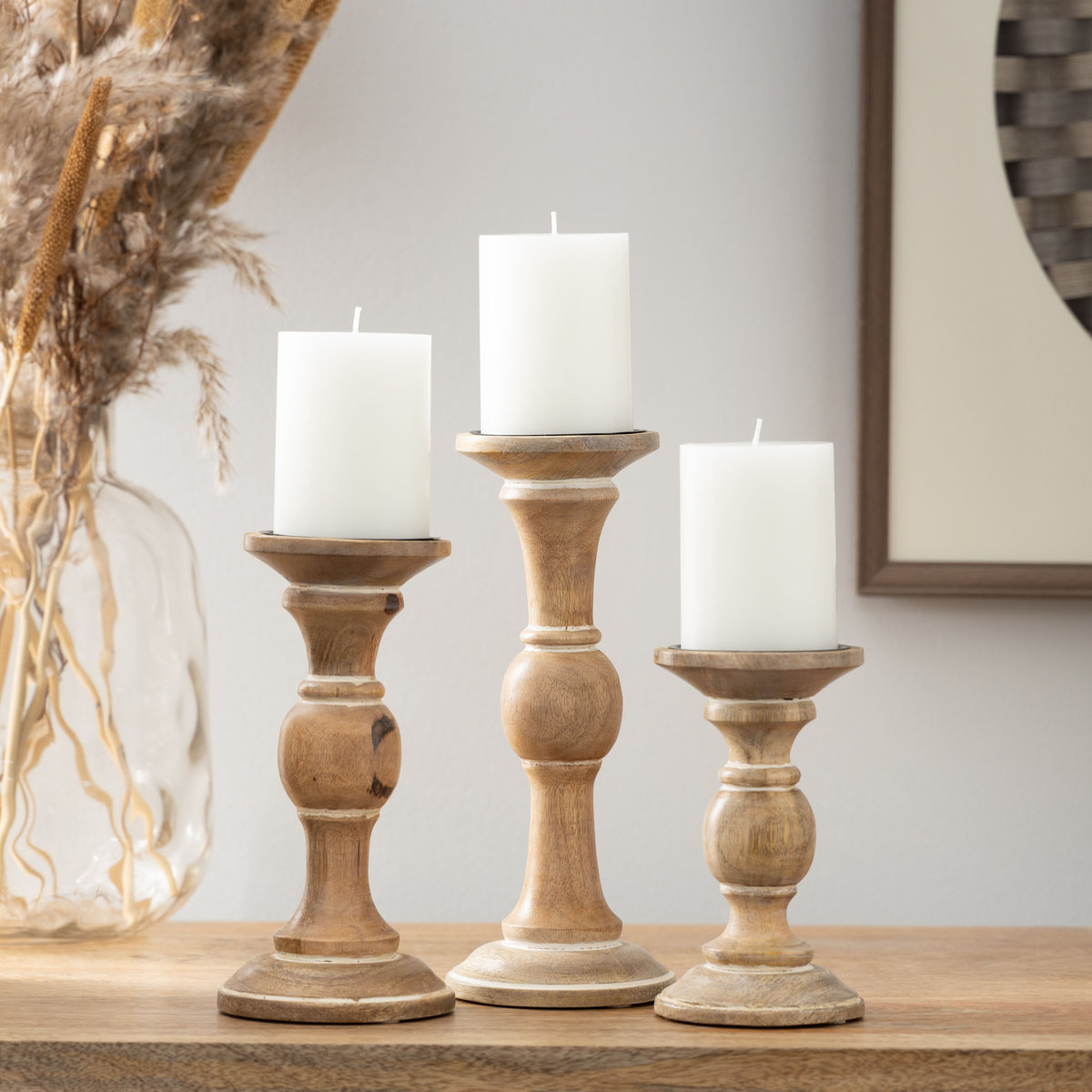 Mango Wood Turned Style Pillar Candle Holders