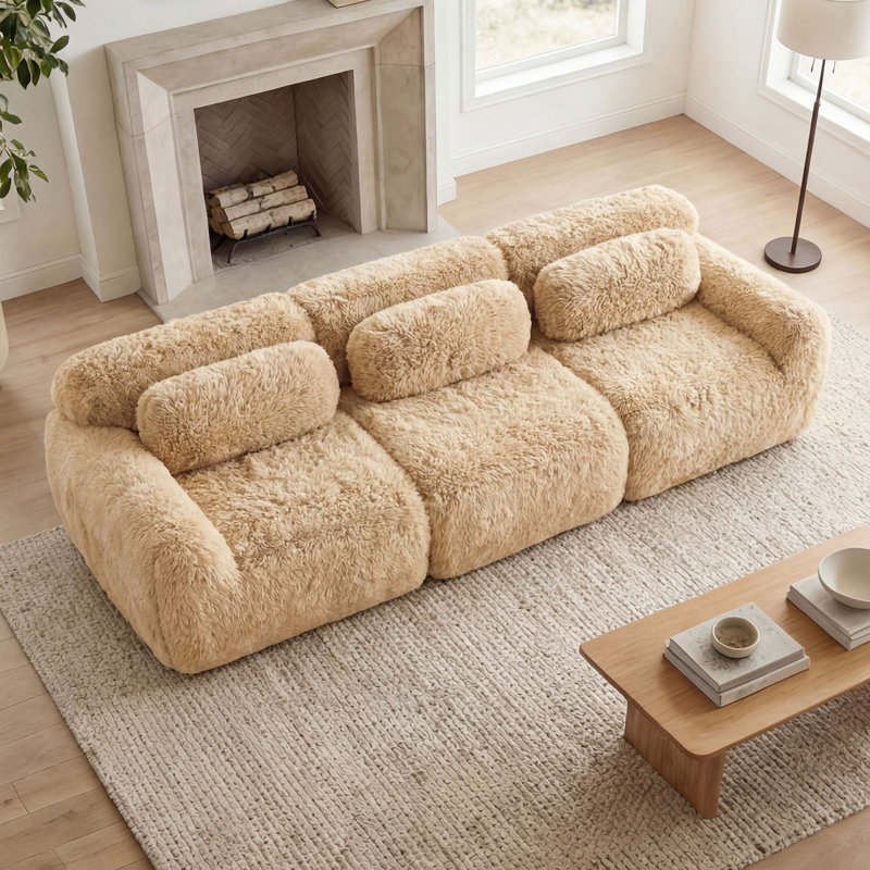Boneless Fluffy Plush Fabric Boneless Sofa with Anti-Slip Bottom and Throw Pillow, Light Khaki, 28.7" H x 114.7" W x 40.9" D