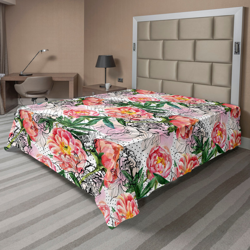 Ambesonne Tropical Flat Sheet Exotics Leafy Pattern Art California, Green Dark Coral Floral, Full Flat Sheet