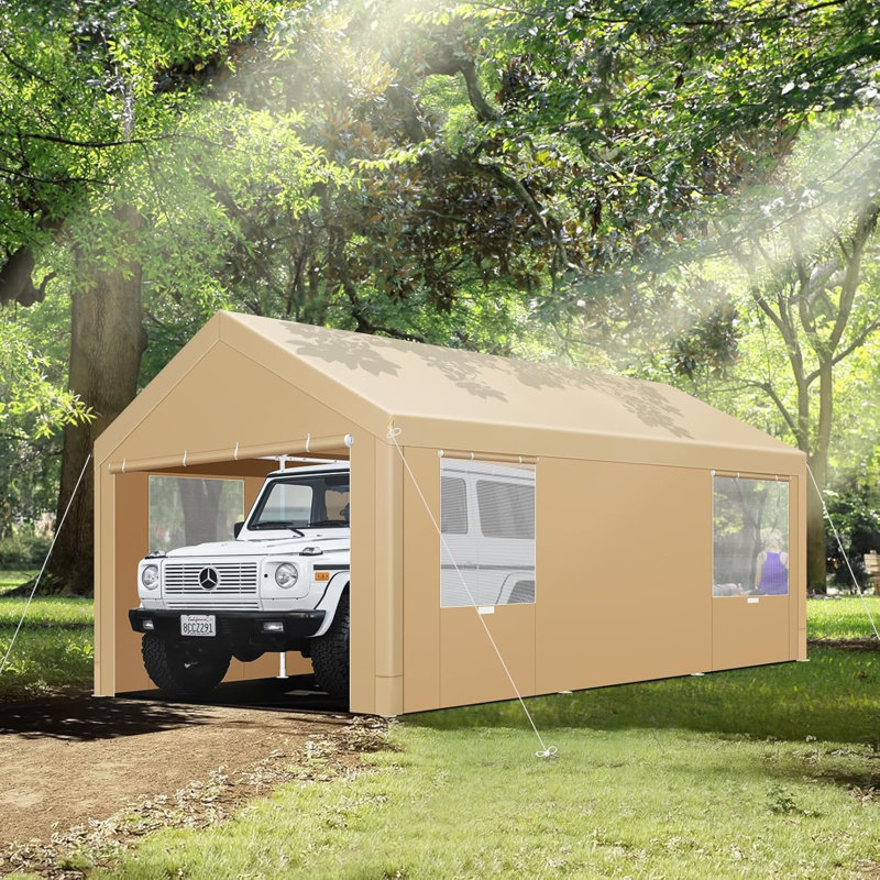 Abri d'auto 12 x 20 pour voiture avec auvent et fenêtres de ventilation, Kaki
