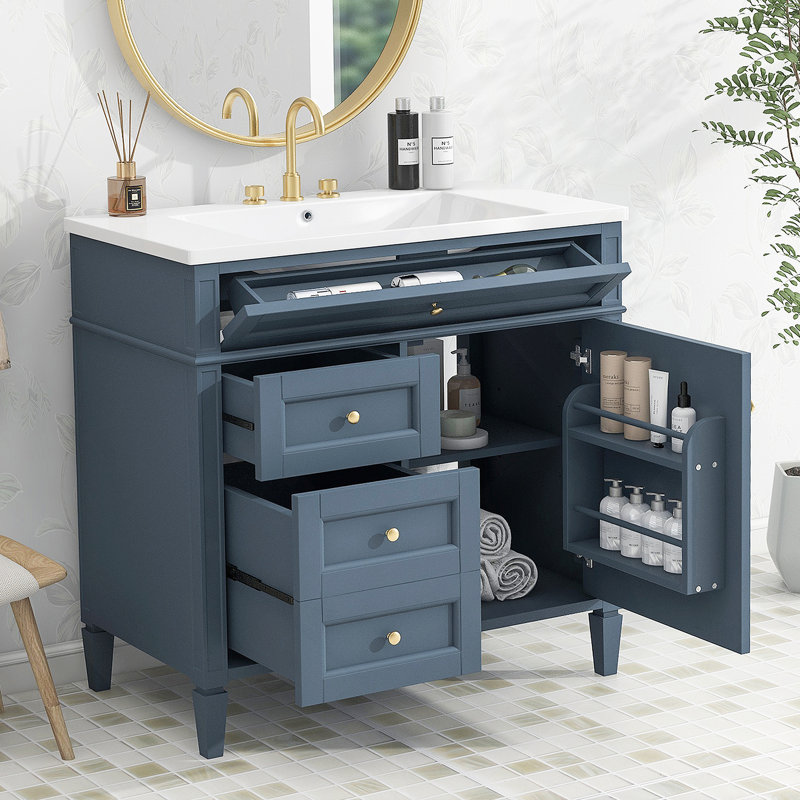 Meuble-lavabo de salle de bain 36 po avec lavabo supérieur, Bleu