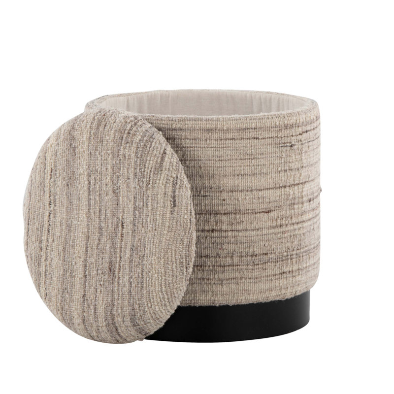 18" Storage Ottoman, Cream Handwoven Wool Ottoman with Black Metal Structure