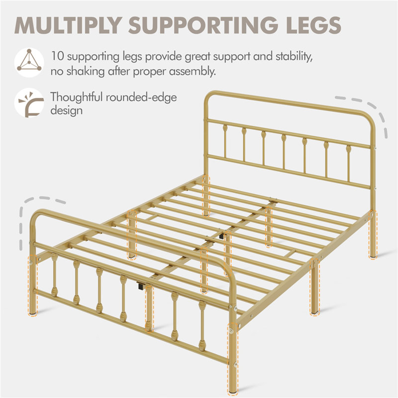 Antique Gold Full Metal Platform Bed with Headboard and Footboard