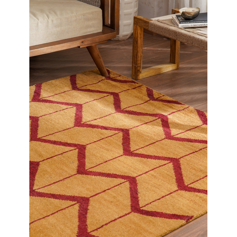 Gold | Red Wool Handmade Geometric Hand Knotted Rectangle Indoor Area Rug, Rectangle 9' x 12'