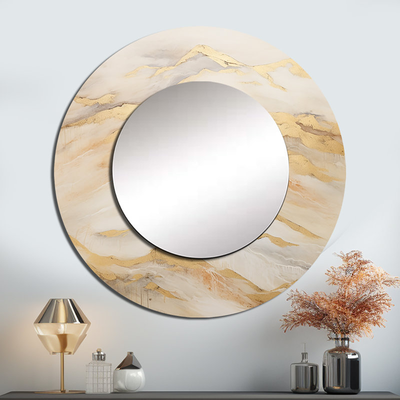 Grand miroir mural Roneika Alpine Mountain Harmony III - montagnes, miroir décoratif rond beige, impression d'art en métal