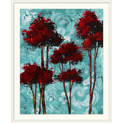 «Anjila Turquoise Florals Red Trees» par Megan Duncanson, reproduction d'art