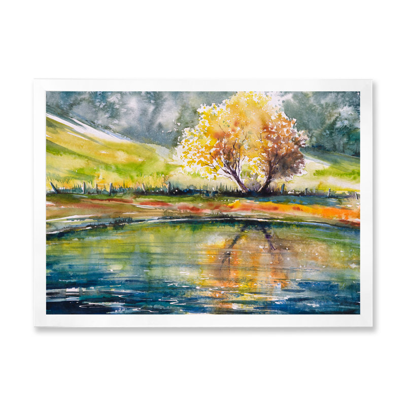 Arbre d'automne avec feuilles orange - peinture sur toile, Toile blanche avec cadre d'angle fermé, H 34 po x l 44 po