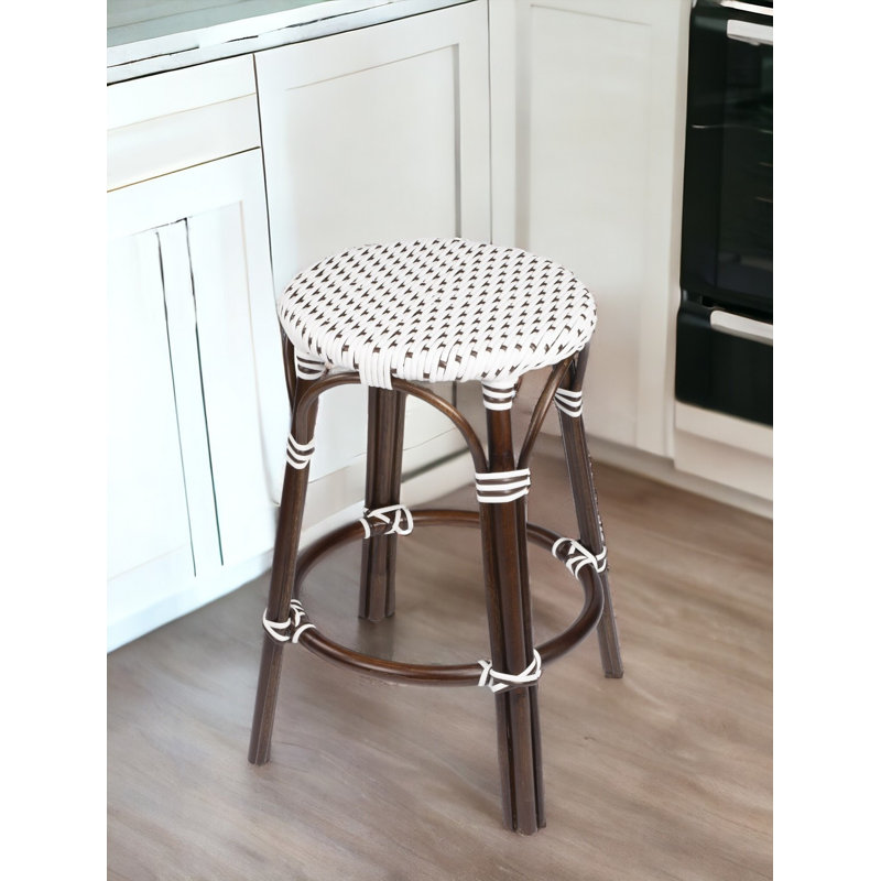 Charlotte Rattan Backless Bar Height Bar Chair, Counter Stool (24" Seat Height), White/Black, White