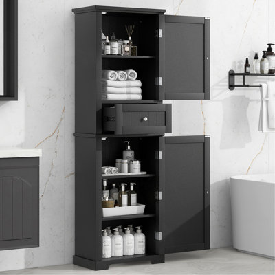 Grande armoire de rangement pour salle de bain, armoire de rangement autoportante avec tiroir et tablette réglable, panneau de fibres à densité moyenne avec finition peinte