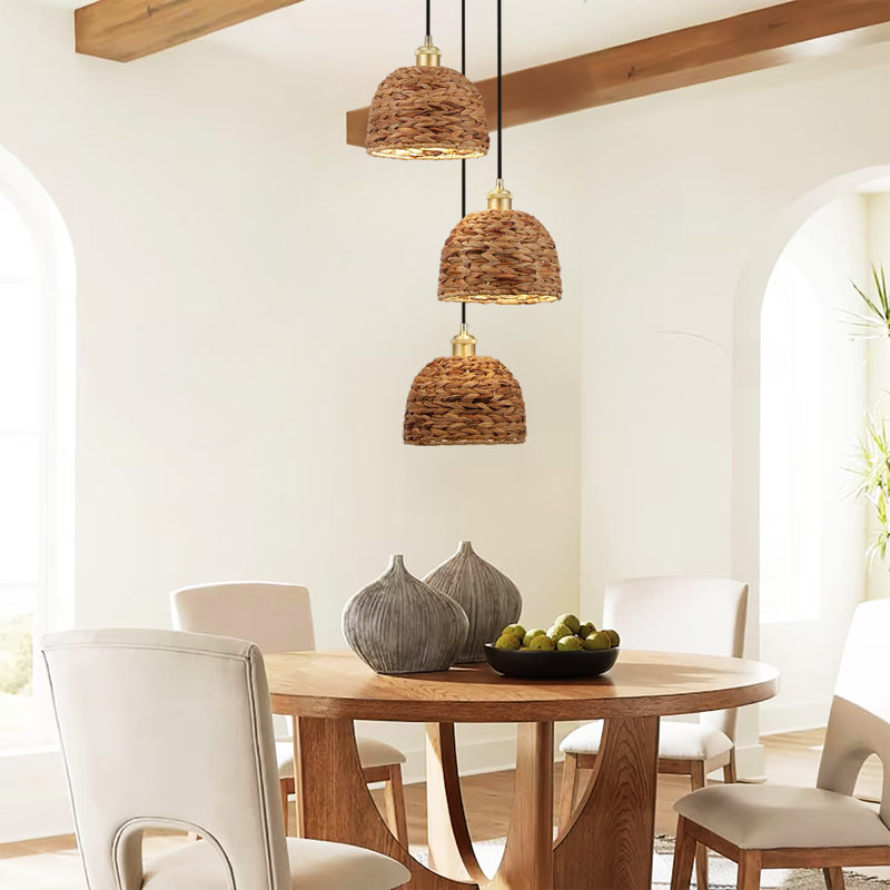 3-light Cluster Natural Rattan Woven Shaded Pendant Light Brass Finish