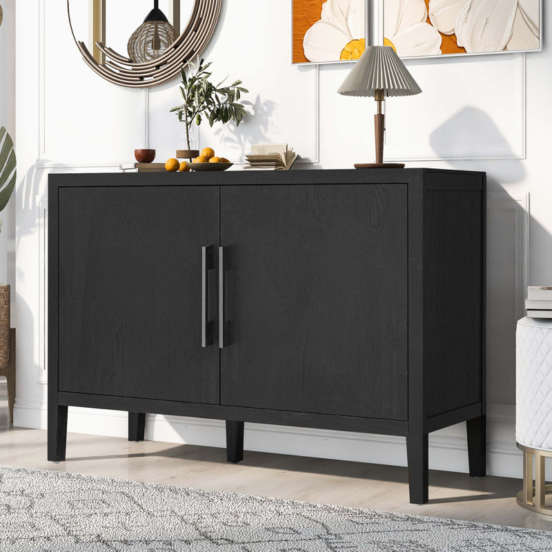 Sideboard With 2 Metal Handles, 2 Doors And Wood Grain Design, Black