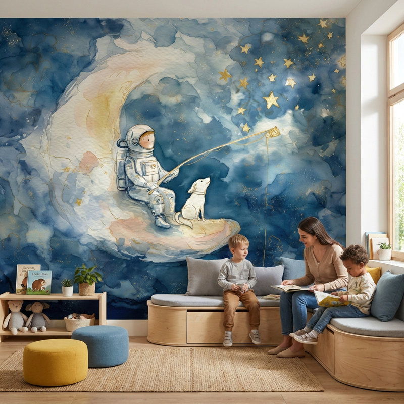 Panneau mural astronaute lune amovible étoiles, Non tissé, 140 po x 108 po