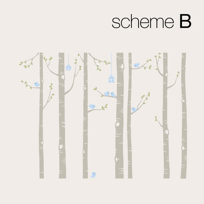 Décalcomanie murale arbre bouleau avec oiseaux, Bleu ciel / gris / gris clair