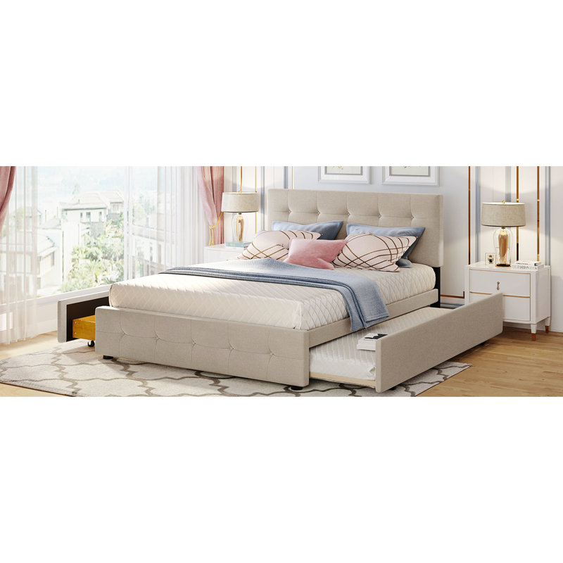 Grand lit en tissu d'ameublement en lin avec 2 tiroirs et lit gigogne simple sans sommier tapissier - beige, Beige, Grand lit