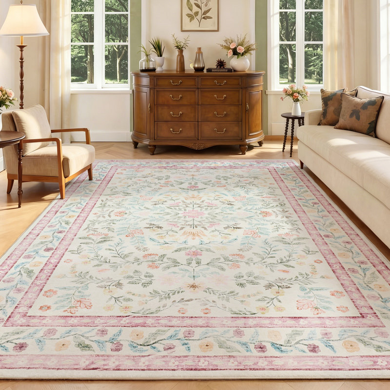 Washable Area Rug for Living Room, Floral Soft Rug, Non Slip Low Pile Carpet for Living Room, Bedroom, Dining Room, Hallway