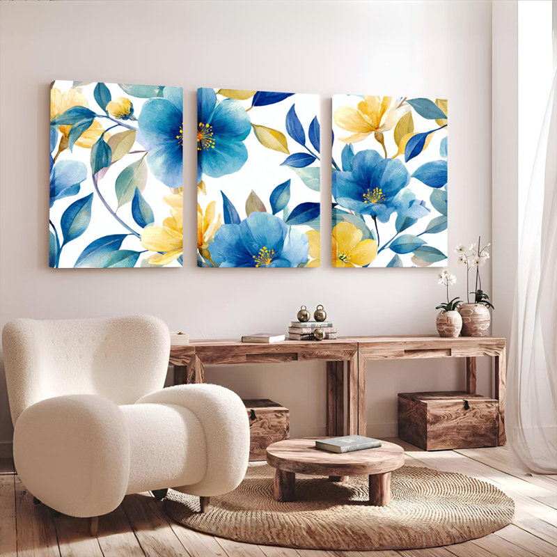Ensemble de 3 toiles aquarelle florales bleues et jaunes, montées sur châssis, pour la décoration du salon et de la chambre.