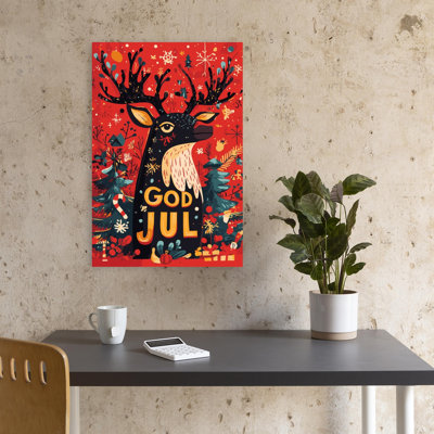 God Jul Festive Reindeer Modern Whimsical Abstract Christmas Tree Deer Nature Winter Wall Art Print 1 Piece Wrapped Canvas Wall Art