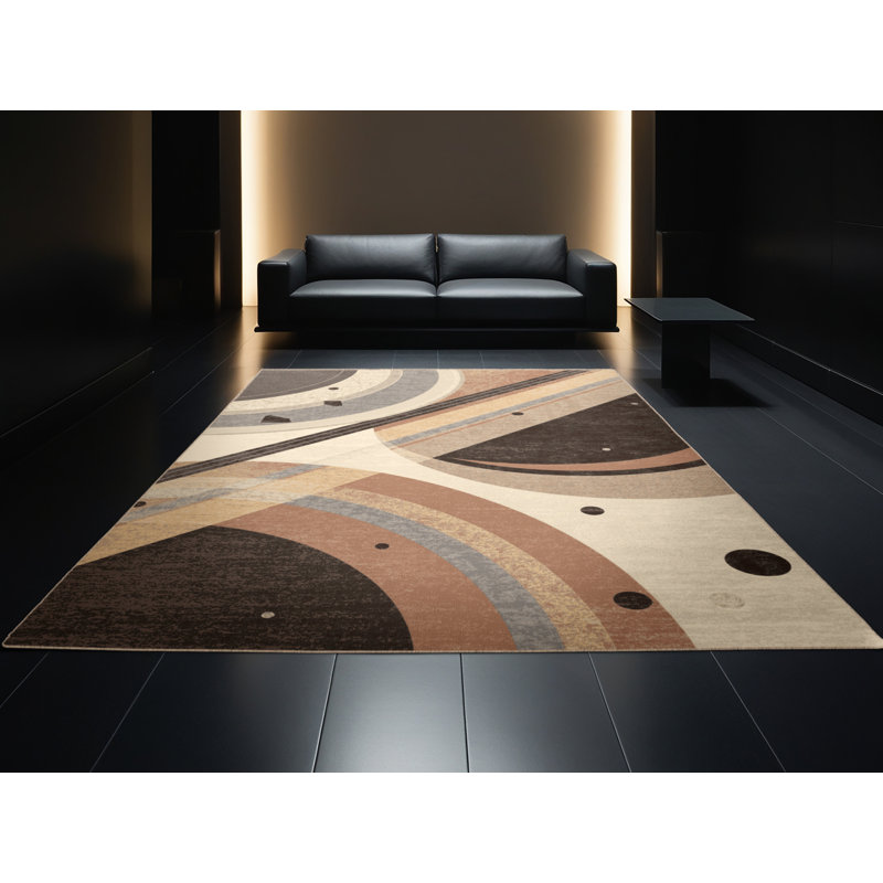 Soft Plush Polett Planetary Rings Modern & Contemporary Geometric Shapes Area Rug in Brown – Beige Binding, 2x3