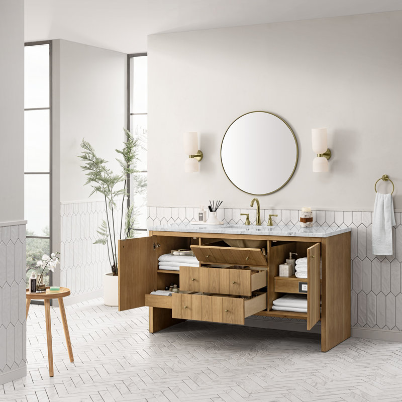 Hudson 60'' Single Bathroom Vanity with Top, Carrara White, 8" Widespread, Light Natural Oak