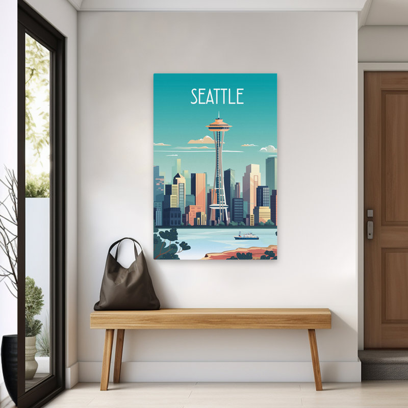 City Sights Seattle - Architecture, bateaux bleus, art brun, H 60 po x l 40 po