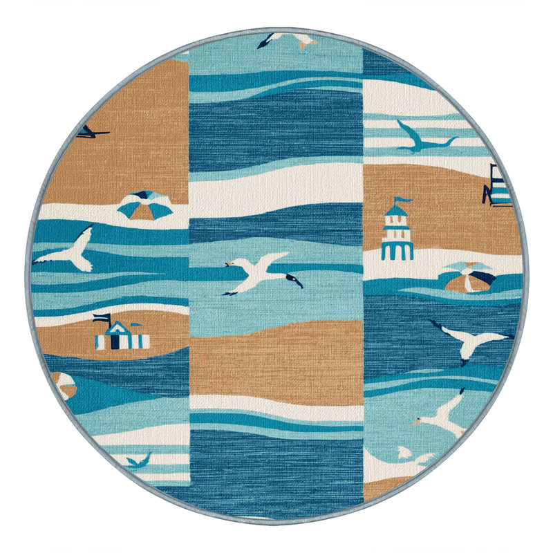 Washable Modern Beach Life Coastal Area Rug, Round 6'